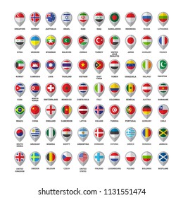 Set of seventy national flags isolated on white background. Europe, Asia, South America, North America, Scandinavia, Australia, Africa. Map pointers. Flat design collection.