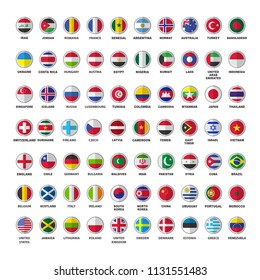 Set of seventy national flags isolated on white background. Europe, Asia, South America, North America, Scandinavia, Australia, Africa.  Flat design collection.