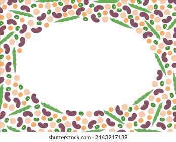 A set of several beans (lentil, chickpea, bean, string bean, mung bean) on periphery make ellipse-like space in the center to put your ads (text) inside. Food, beans. Vector illustration.