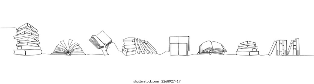 A set several books different sizes  angles one line art  Continuous line drawing book  library  education  school  study  literature  knowledge  read  learn page reading