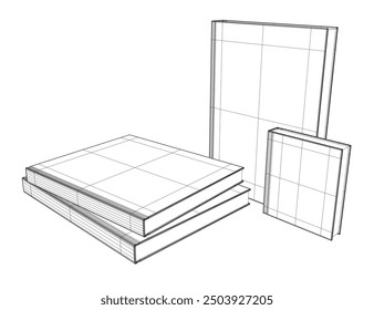 Set of several books wireframe. Line drawing of book, library, education, school, study, literature, paper, textbook, knowledge, read, learn, page reading