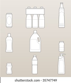 Set of several bottle and container (metal, glass or plastic) of beer, water, juice and other drinks or liquids, all elements separated and easily editable with copyspace.