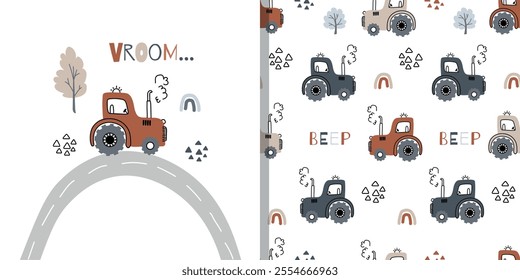 A set of several cars and a seamless pattern for them for children. Perfect for kids bedding, fabric, wallpaper, wrapping paper, textile, t-shirt print. Vector illustration