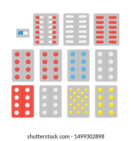 Set of several colorful Medicine, pharmacy, tablet, capsule, hospital set of drugs with labels. Medication, pharmaceutics medical healthcare concept. Vector illustration