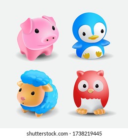 Set of several cute bath animal toys . Toy for the bathroom. A collection of a cute lamb, minipig, owl and penguin. Vector illustration