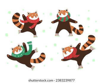 Set: several cute red pandas skating in winter. Vector illustration.