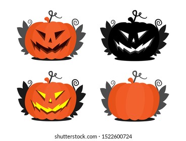 Set of several different halloween pumpkins. Autumn pumpkins with and without a face. Jack s head is silhouette and colored. White background