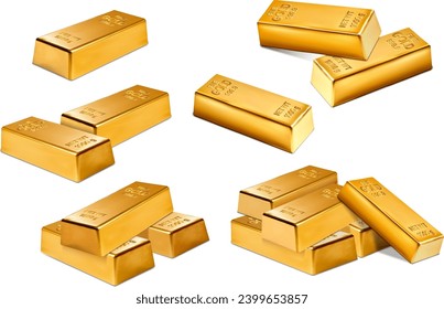 Set of several different stacks of gold bricks in different numbers and positions. Isolated on white backgrounds. Vector illustration.