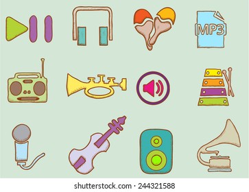 set of several doodle music icons, well grouped and editable