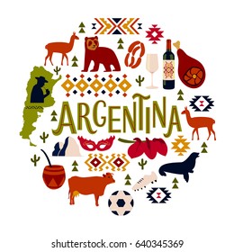 A set of several elements helping to know Argentina. Vector illustration.