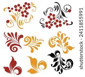 A set of several elements of patterns or ornaments in the Old Russian style. Traditional, folk motif. Vector twigs, berries, flowers, leaves.