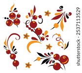 A set of several elements of patterns or ornaments in the Old Russian style. Traditional, folk motif. Vector twigs, berries, flowers, leaves.