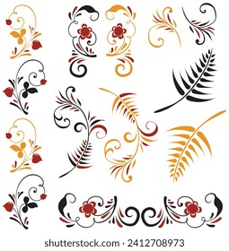 A set of several elements of patterns or ornaments in the Old Russian style. Traditional, folk motif. Vector twigs, berries, flowers, leaves.