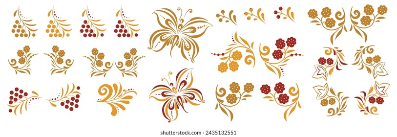 Un conjunto de varios elementos de patrones o adornos en el estilo ruso antiguo. Tradicional, motivo folclórico. Vector ramas, bayas, flores, hojas y mariposa.