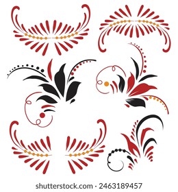 A set of several elements of patterns or ornaments in the Old Russian style. Traditional, folk motif. Vector twigs, berries, flowers, leaves.