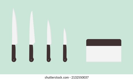 
A set of several essential types of knives is in the kitchen. The sequence consists of a chef's knife, a deli knife, a utility knife, a paring knife, and a bench scraper - Vector