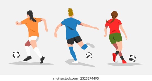 juego de varias atletas futbolistas bailando la pelota. vista posterior. tema del deporte, fútbol, mujeres. ilustración plana vectorial.