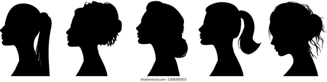  set of several female silhouettes in profile. vector on isolated background. turn. number. diversity young women for poster or text. elegant background as well.