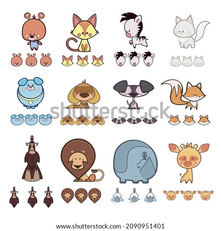 Set with several fun animals in kawaii style