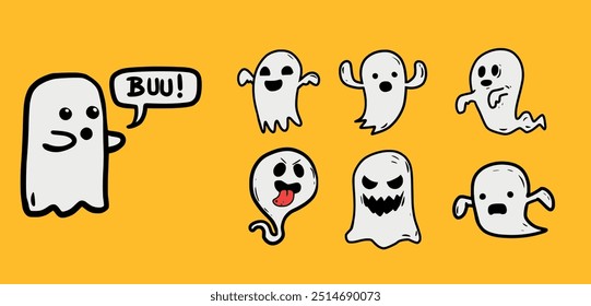 Set with several ghosts. Separate icons. Background yellow