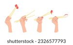 set of several hands holding sashimi with chopsticks. different poses. concept of food, culinary. flat vector illustration.