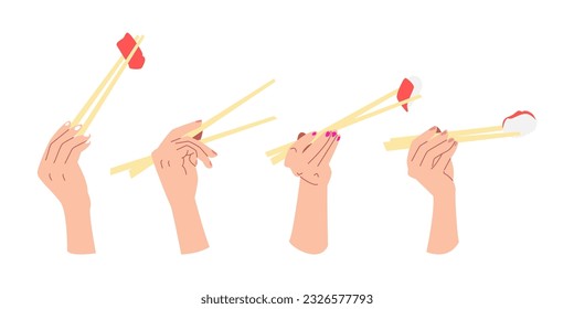 set of several hands holding sashimi with chopsticks. different poses. concept of food, culinary. flat vector illustration.