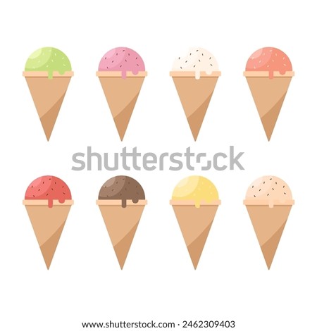 Set of several ice cream scoops in waffle cones isolated on a white background. Many flavors of ice cream such as vanilla, strawberry, chocolate, lemon, mango, watermelon, tea, and coffee
