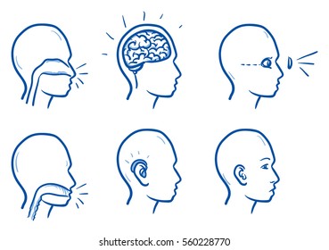 Set of several icons of the human head with different focuses on disorders, for medical info graphics. Hand drawn line art cartoon vector illustration.