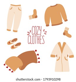 set of several items of home cozy clothes. Soft beige sweater, wide brown plaid, heart-patterned slippers, warm trousers and a bathrobe. Hand drawing vector illustration in cartoon style
