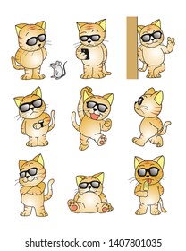 set of several motion cat. found a rat, take phone, watch a clock, grad, walk, sit, eating ice cream, vector illustration isolated cartoon hand drawn