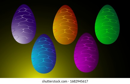 a set of several multi-colored luminous neon Easter eggs located on different layers on a combined background