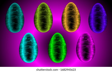 a set of several multi-colored luminous neon Easter eggs located on different layers on a combined background