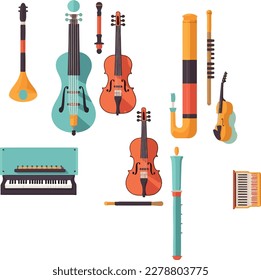 a set of several musical instruments, including a cello vector illustration