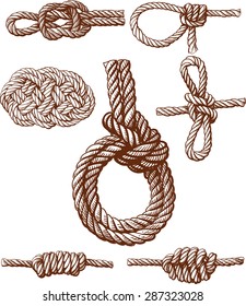 Set of several nautical knots isolated on white