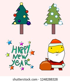 A set of several objects. Among them are Santa Claus with a bag, Christmas trees and the inscription "Happy New Year" with stars.