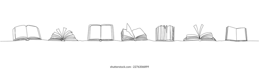 A set of several open books in different angles one line art. Continuous line drawing of book, library, education, school, study, literature, paper, textbook, knowledge, learn, page, reading