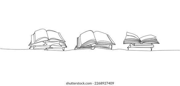 A set of several open books lying one on top of the other one line art. Continuous line drawing of book, library, education, school, literature, paper, textbook, knowledge, read, learn, page reading