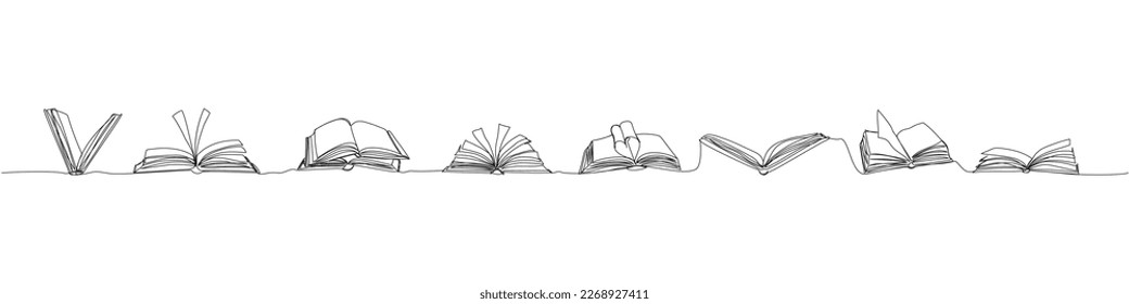 A set of several open books with protruding pages one line art. Continuous line drawing of book, library, education, school, study, literature, paper, textbook, knowledge, read, learn page reading