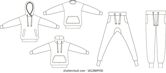 
A set of several options for sweatpants and sweatshirts and hoodies. Outline image of leisure clothing. Fashionable footer models.