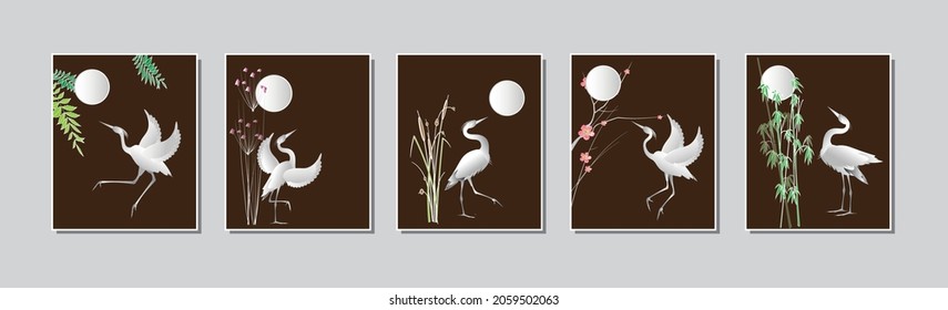 A set of several paintings with images of standing, walking and dancing heron birds on a black background next to various plants. Polyptych vector illustration. 