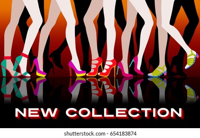 Set of several pairs of female legs in different shoes. Handmade drawing vector illustration. All elements is customizable different objects with color fill.