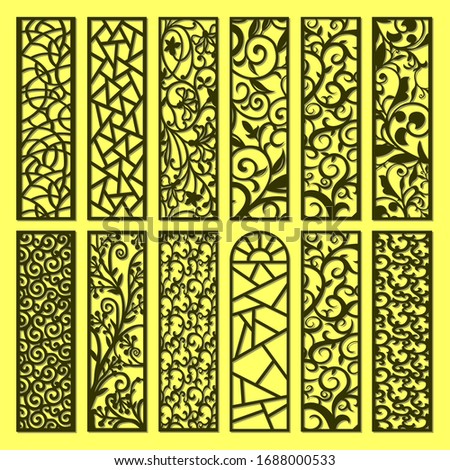 A set of several panels for decorating decorative surfaces. Abstract stripes, lines, panels. Vector illustration of laser cutting. Plotter cutting and screen printing