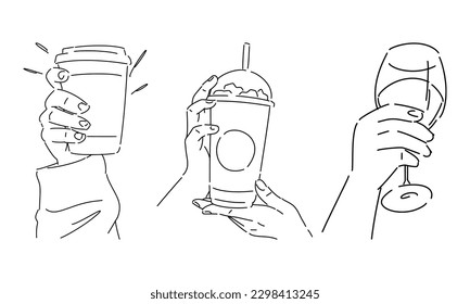 set of several poses of hand holding drink in glass and cup in line art style. isolated on white background. hand drawn vector illustration.