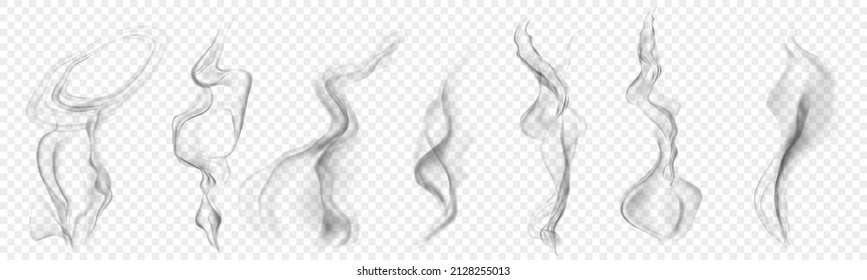 Set of several realistic transparent gray smokes or steam, for use on light background. Transparency only in vector format