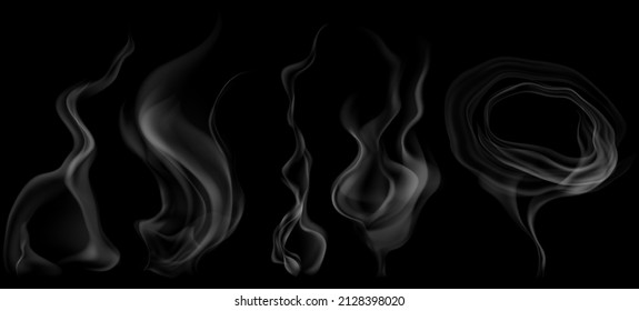 Set of several realistic transparent gray smokes or steam, for use on dark background. Transparency only in vector format