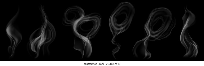 Set of several realistic transparent gray smokes or steam, for use on dark background. Transparency only in vector format