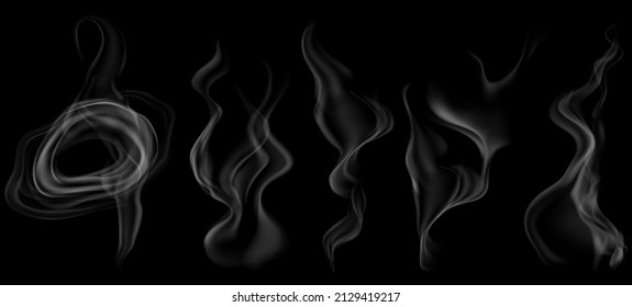 Set of several realistic transparent gray smokes or steam, for use on dark background. Transparency only in vector format