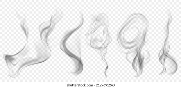 Set of several realistic transparent gray smokes or steam, for use on light background. Transparency only in vector format