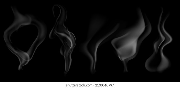 Set of several realistic transparent gray smokes or steam, for use on dark background. Transparency only in vector format