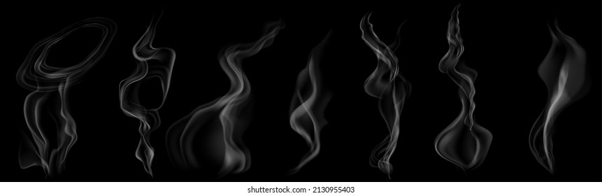 Set of several realistic transparent gray smokes or steam, for use on dark background. Transparency only in vector format